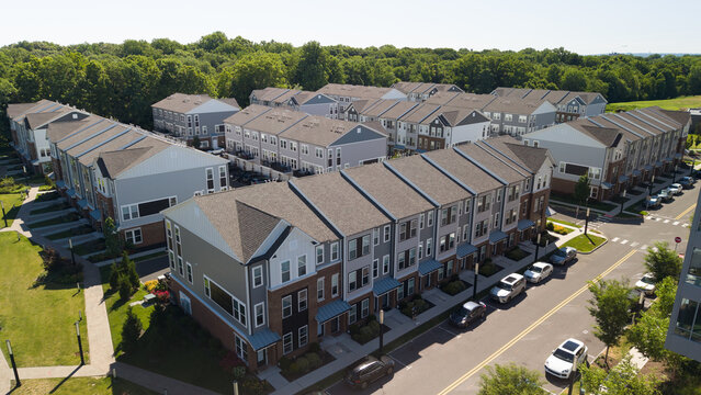 Aerial view modern residential townhouses community development