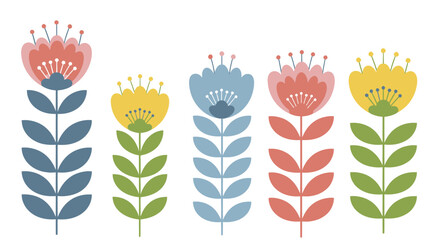 Set of five stylized folk art flowers in various colors and designs. © Tuju