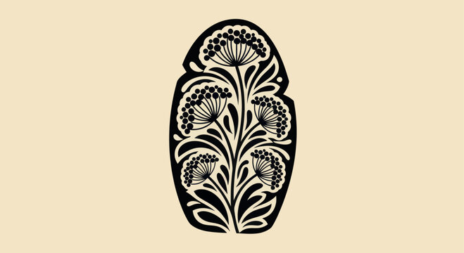 Stylized Botanical Illustration of a Flowering Plant in a Vertical Oval Shape.