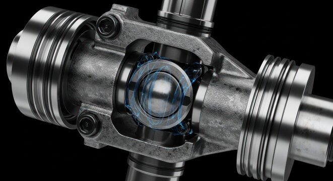 Close-up of a Universal Joint or U-joint mechanical component on a black background.