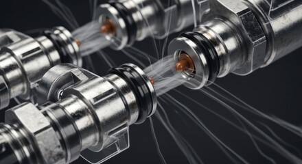 Fototapeta premium Close-up of automotive fuel injectors spraying fuel in a dark background.
