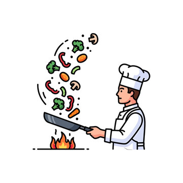 A professional chef tosses fresh vegetables in a hot frying pan over a flame