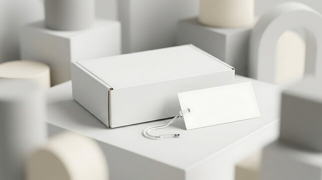 Blank white cardboard shipping box with empty clothing tag on abstract geometric podiums for retail product display