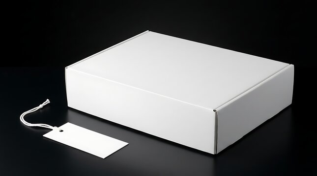 Blank white cardboard shipping box with small paper hang tag mockup for product branding retail identification delivery