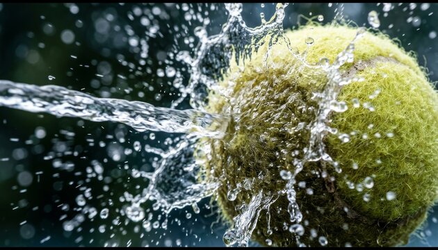 A vibrant green tennis ball being struck by a powerful stream of water, creating a dynamic splash with numerous droplets.