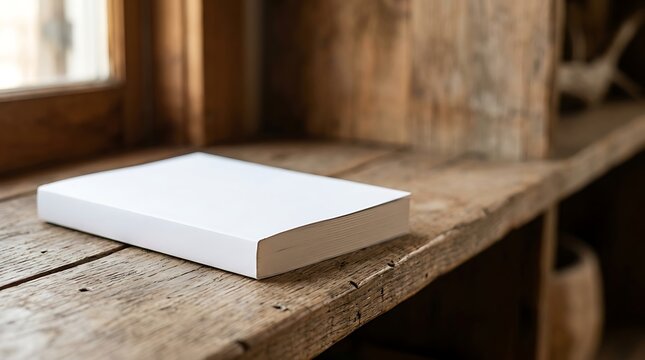 Blank white softcover book mockup resting on rustic wooden windowsill presenting publishing layout and branding space