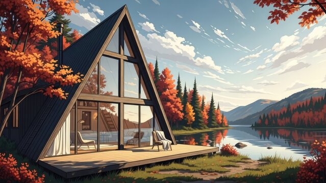 Modern A-frame cabin in autumn forest by lake.