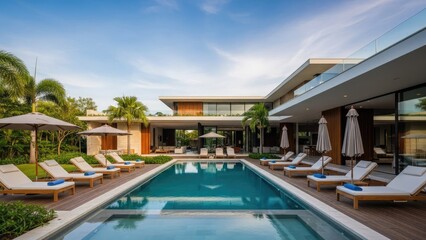 Fototapeta premium Modern villa patio and swimming pool during golden hour.