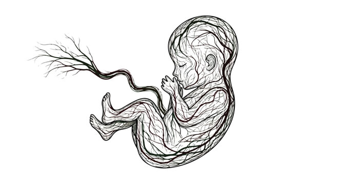Detailed illustration of a human fetus in the womb with umbilical cord, fetal development concept