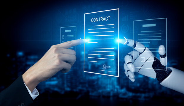 Dynamic interaction between a human hand and robotic arm emphasizes the future of digital contracts and automated agreements in a high-tech business setting. Cyphers