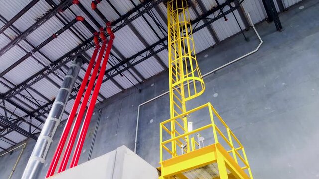 Fixed steel safety ladder with cage and maintenance platform in warehouse with utility pipes in metal ceiling