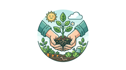 Fototapeta premium Hands planting seedling in garden, nature, growth, sustainability