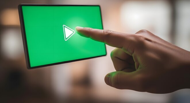 Finger pressing a glowing green play button on a digital screen.