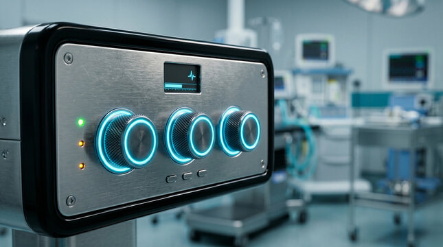 Medical device control panel with illuminated rotary knobs and digital indicators, reflecting advanced technology, precision engineering, and modern hospital monitoring systems.