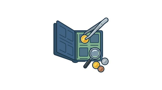 Coin Collecting Album with Tweezers and Magnifying Glass
