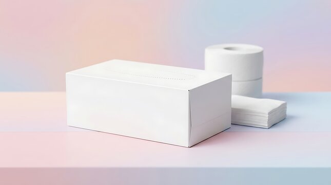blank white tissue box mockup with paper roll and napkin stack on soft gradient pastel background for branding display