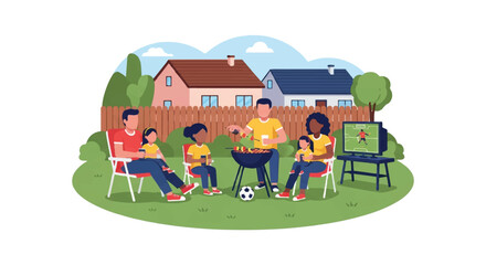 Fototapeta premium A family of diverse ethnicities having a backyard barbecue while watching soccer on a small screen, suburban setting, relaxed sunny mood, minimalist flat vector artwork, clipart style, absolute