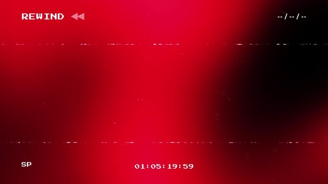 Retro VHS Rewind Screen with Red Light Leaks and Analog Glitch Effects featuring a counting down timecode and static noise for nostalgic vintage video aesthetics