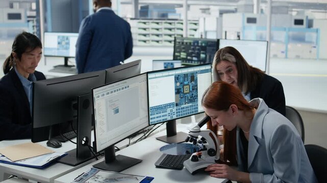 Woman reviewing substrates with microscope in office, analyzing silicon wafer, optical device and female materials scientists in industrial plant R&D workspace for semiconductor research.