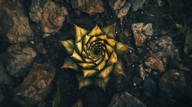 A rosette succulent plant amidst stones.