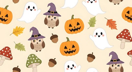 Fototapeta premium Seamless pattern with cute halloween ghosts, owls, pumpkins, and mushrooms