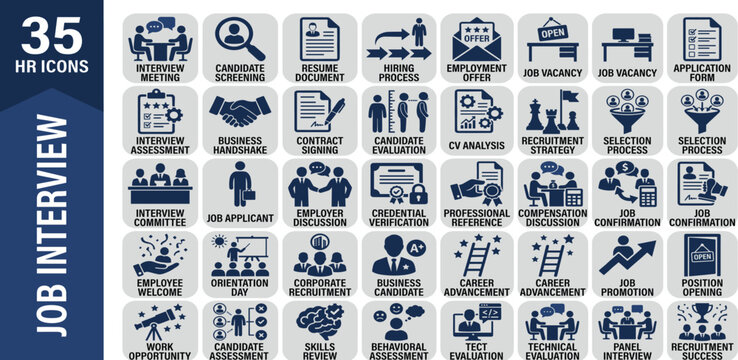 Job interview solid icon set for human resources. Editable vector icons for hiring process, employment, career growth, corporate business layout.