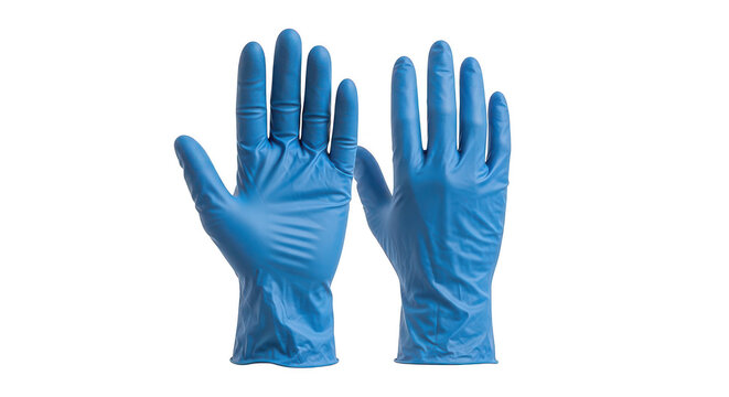 Pair of blue nitrile medical gloves for safety and hygiene isolated on transparent background