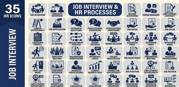 Job interview solid icon set for human resources. Editable vector icons for hiring process, employment, career growth, corporate business layout.