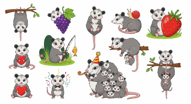 Cute opossum icons, 13 animal illustrations, gray opossum set, wildlife symbols