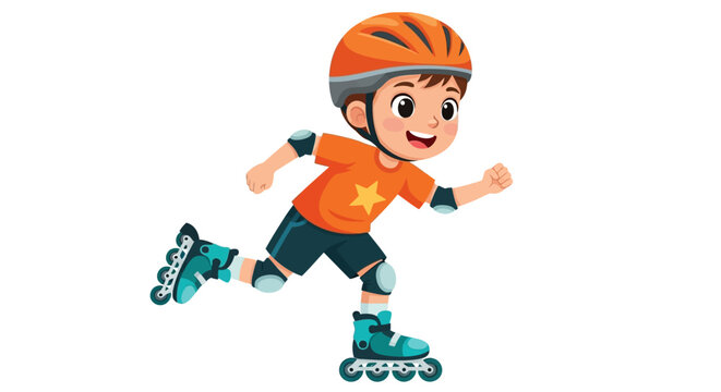 Cartoon boy, rollerblading, orange helmet, blue skates, fun sports