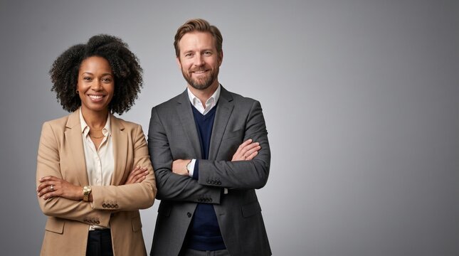 Confident Business Couple Standing Arms Crossed Against