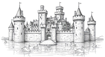 Fototapeta premium Sketch of a medieval castle surrounded by water, featuring tall towers and battlements, with swans floating nearby