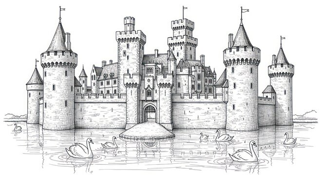 Sketch of a medieval castle surrounded by water, featuring tall towers and battlements, with swans floating nearby