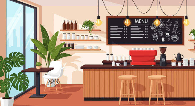 Modern coffee shop interior, cafe bar counter, restaurant menu board, vector illustration