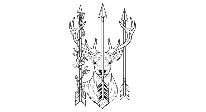 Deer head, antlers, arrow, feather, tribal, vector illustration, black and white, line art, 1 icon