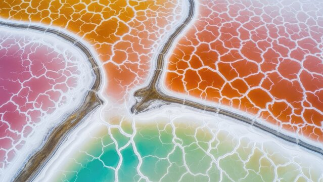Aerial view of colorful geometric mineral salt ponds.