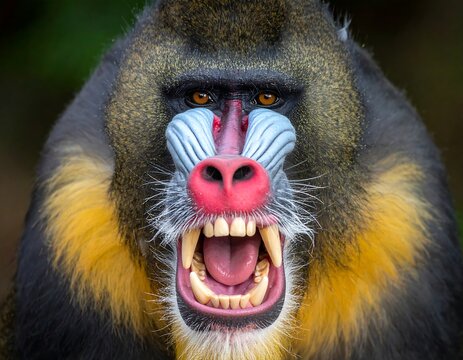 A close-up of a primate's face with its mouth open