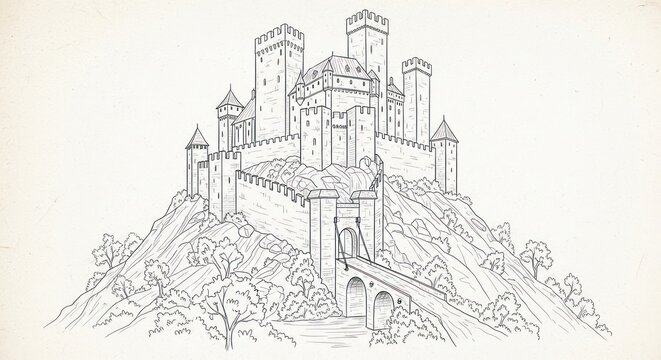 Medieval castle with high walls and towers on a hilltop, drawbridge entry