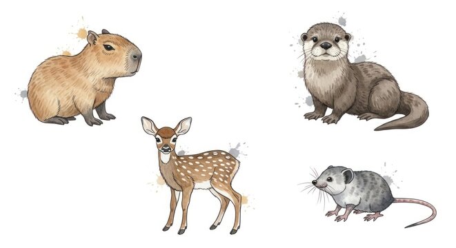 Capybara fawn otter and possum watercolor animal set