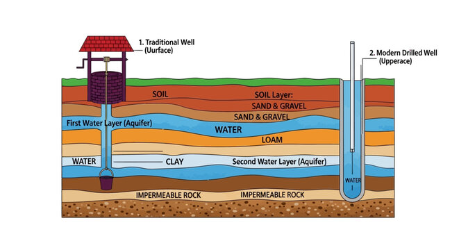 Water well, cross-section diagram, traditional and modern drilling, aquifer layers, soil composition