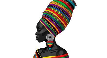 African woman, colorful headwrap, profile portrait, vector illustration, cultural symbol © Adam