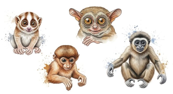 Detailed watercolor primate and monkey species set