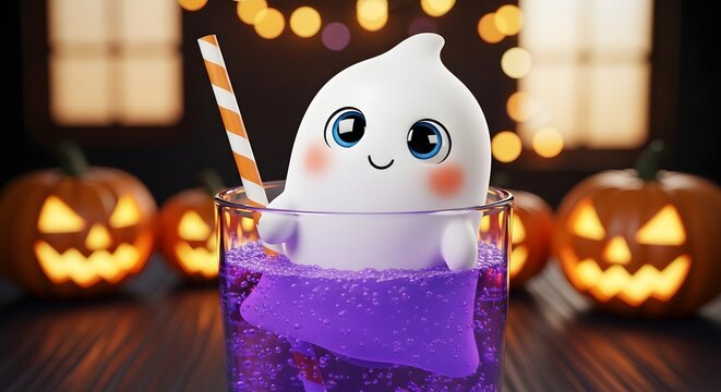 Cute cartoon ghost sitting in a glass of purple drink