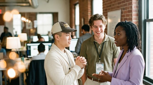 Generative AI, Diverse startup founders networking at pitch competition event in modern workspace
