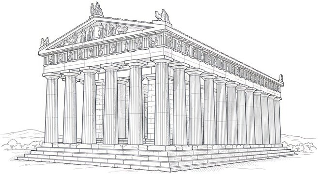 Architectural sketch of ancient Greek temple with columns and pediment