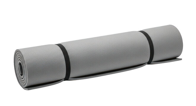 Grey rolled foam sleeping mat for camping and exercise isolated on transparent background