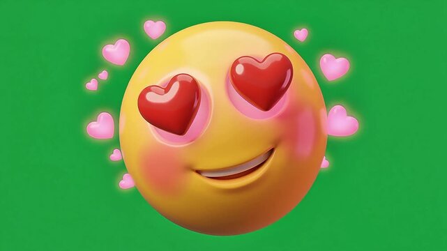 In Love Heart Eyes 3D Emoji Character with Floating Pink Hearts on Green Screen Chroma Key Animated Romance