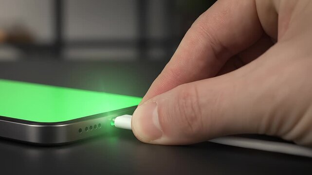 Closeup of a hand inserting a charging cable into a modern smartphone with a green screen display.