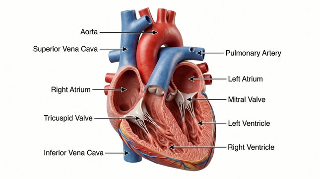 Detailed anatomical illustration of the human heart with labeled parts