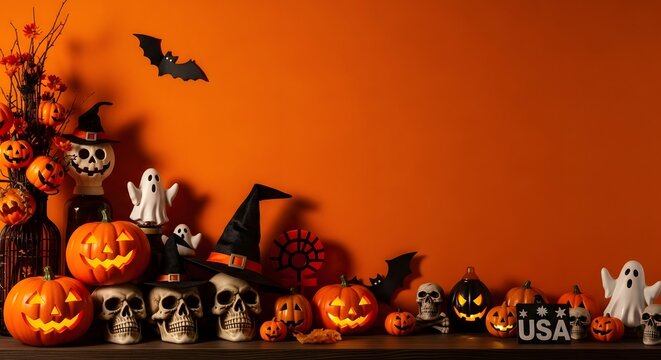 Festive halloween decorations still life pumpkins skulls ghosts and witch accoutrements